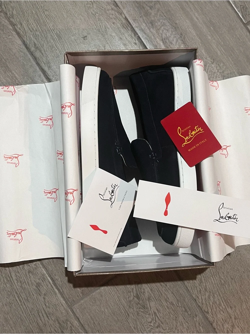 Christian Louboutin Navy Suede Slip-On Loafers with White Sole